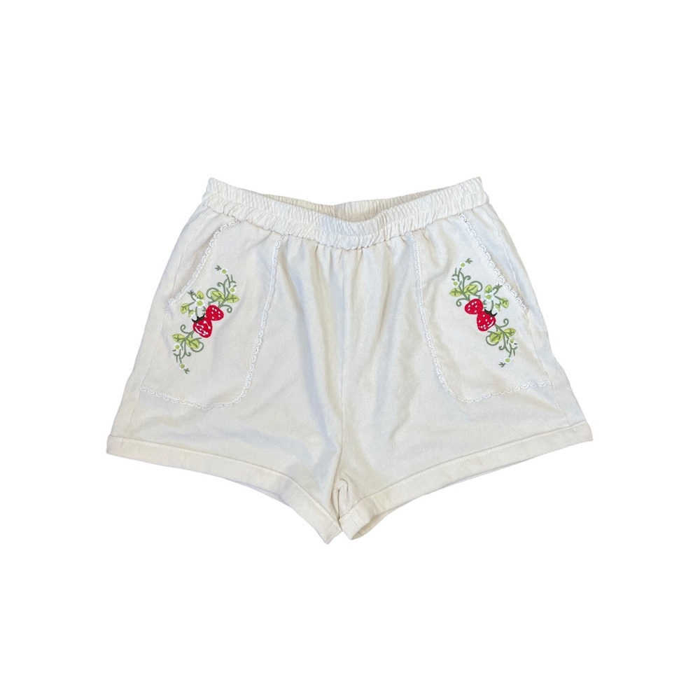Vintage Style Cream Corduroy Strawberry Embroidered Lace Trim Shorts High Rise